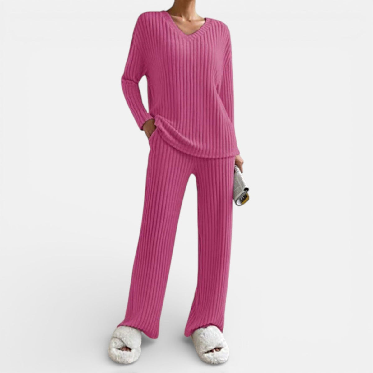 Pink ribbed knit loungewear set with V-neck long-sleeve top and wide-leg pants