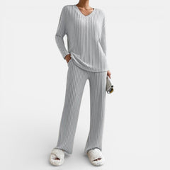 Light gray ribbed knit loungewear set with V-neck long-sleeve top and wide-leg pants