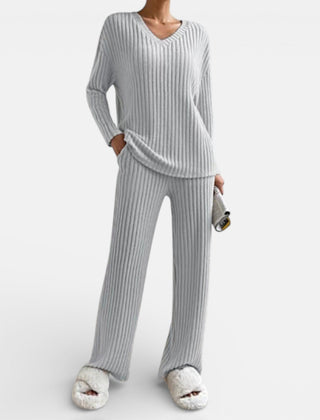 Light gray ribbed knit loungewear set with V-neck long-sleeve top and wide-leg pants