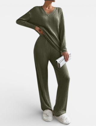 Olive green ribbed knit loungewear set with V-neck long-sleeve top and wide-leg pants