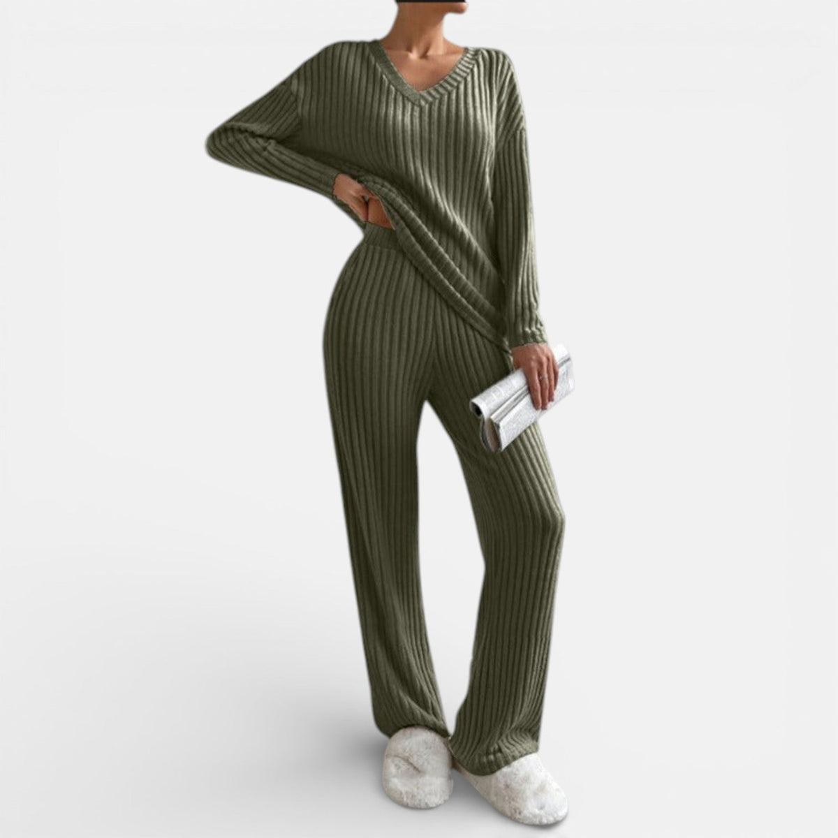 Olive green ribbed knit loungewear set with V-neck long-sleeve top and wide-leg pants