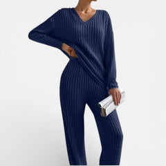 Navy blue ribbed knit loungewear set with V-neck long-sleeve top and wide-leg pants