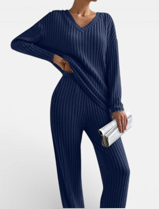 Navy blue ribbed knit loungewear set with V-neck long-sleeve top and wide-leg pants