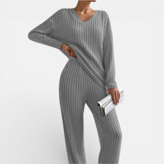 Medium gray ribbed knit loungewear set with V-neck long-sleeve top and wide-leg pants