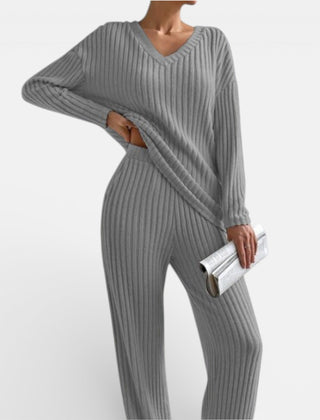 Medium gray ribbed knit loungewear set with V-neck long-sleeve top and wide-leg pants