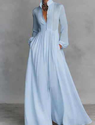 Light blue long-sleeve maxi dress with V-neck, button-front bodice, gathered waist
