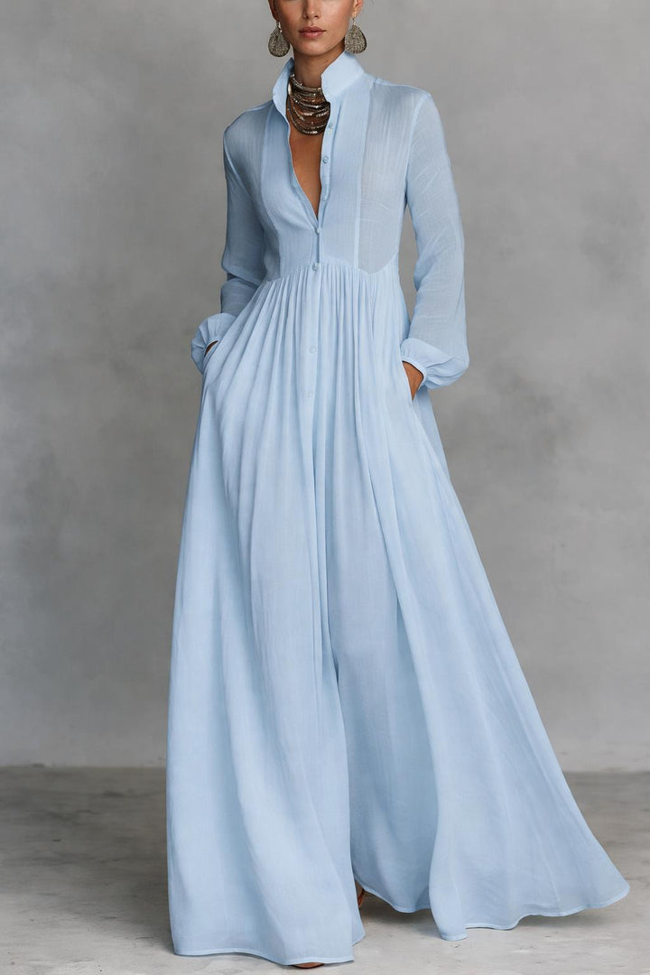 Light blue long-sleeve maxi dress with V-neck, button-front bodice, gathered waist