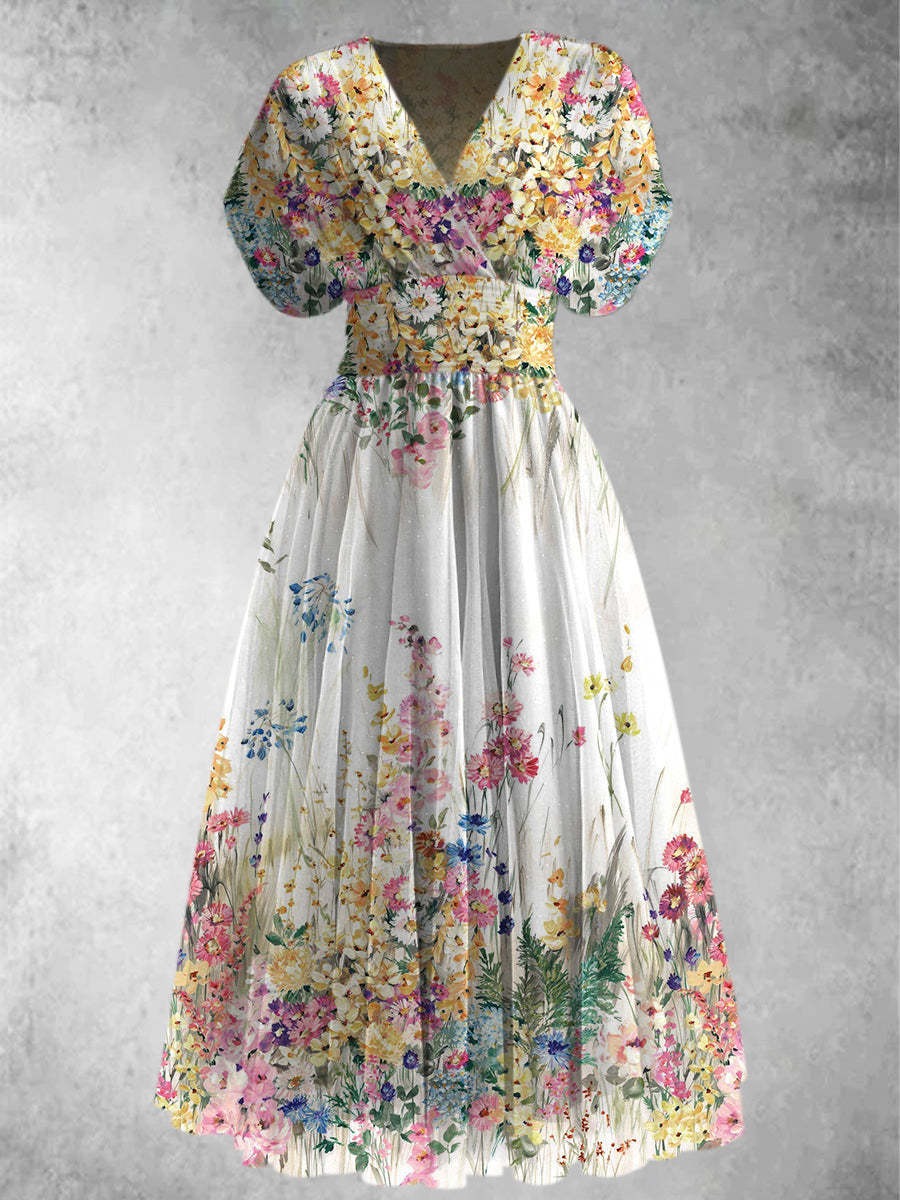 Floral short sleeve maxi dress front with V-neck, puff sleeves and cinched waist
