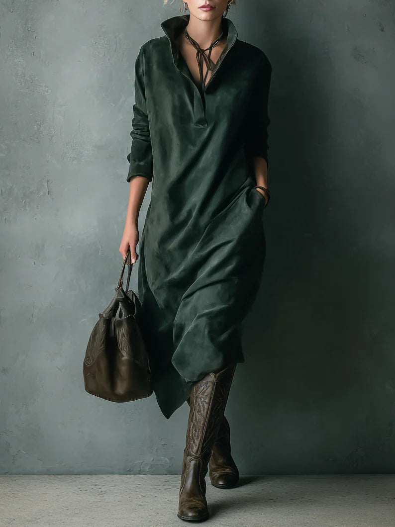 Elvira™ relaxed velvet dress with pockets, button-front V-neck, three-quarter sleeves