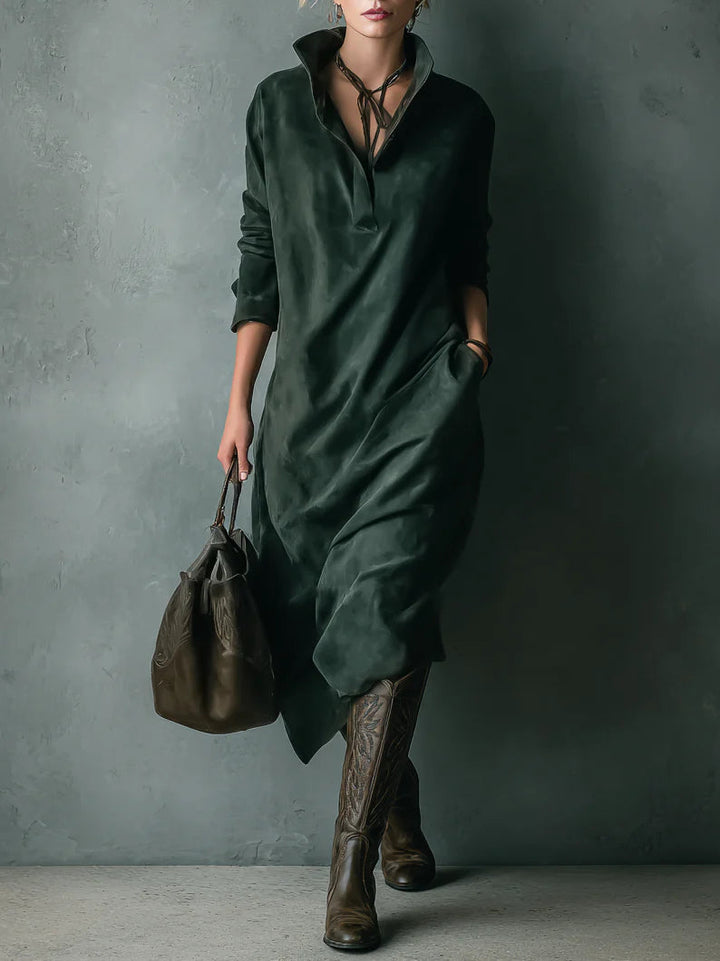 Elvira™ relaxed velvet dress with pockets, button-front V-neck, three-quarter sleeves