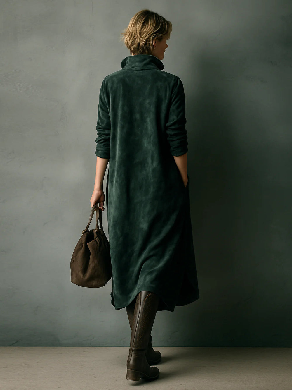Relaxed velvet dress with pockets, back view, three-quarter sleeves