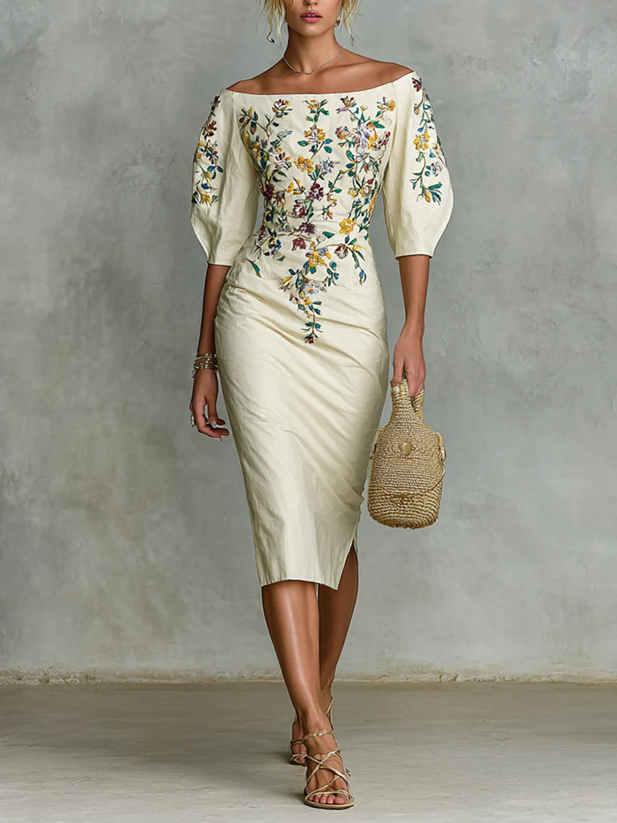 Cream off-shoulder floral dress with yellow/green blooms, 3/4 sleeves, fitted