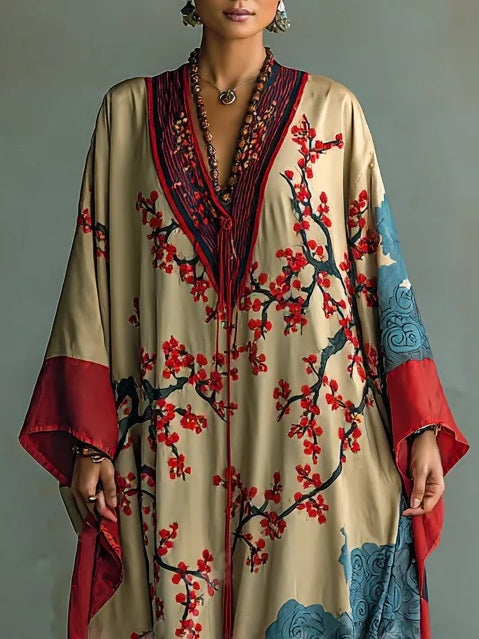 Beige silk maxi dress with V-neck, red floral vine print, blue floral panel, wide sleeves