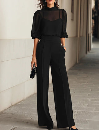 Black blouse with sheer puff sleeves and wide-leg pants set, front full view