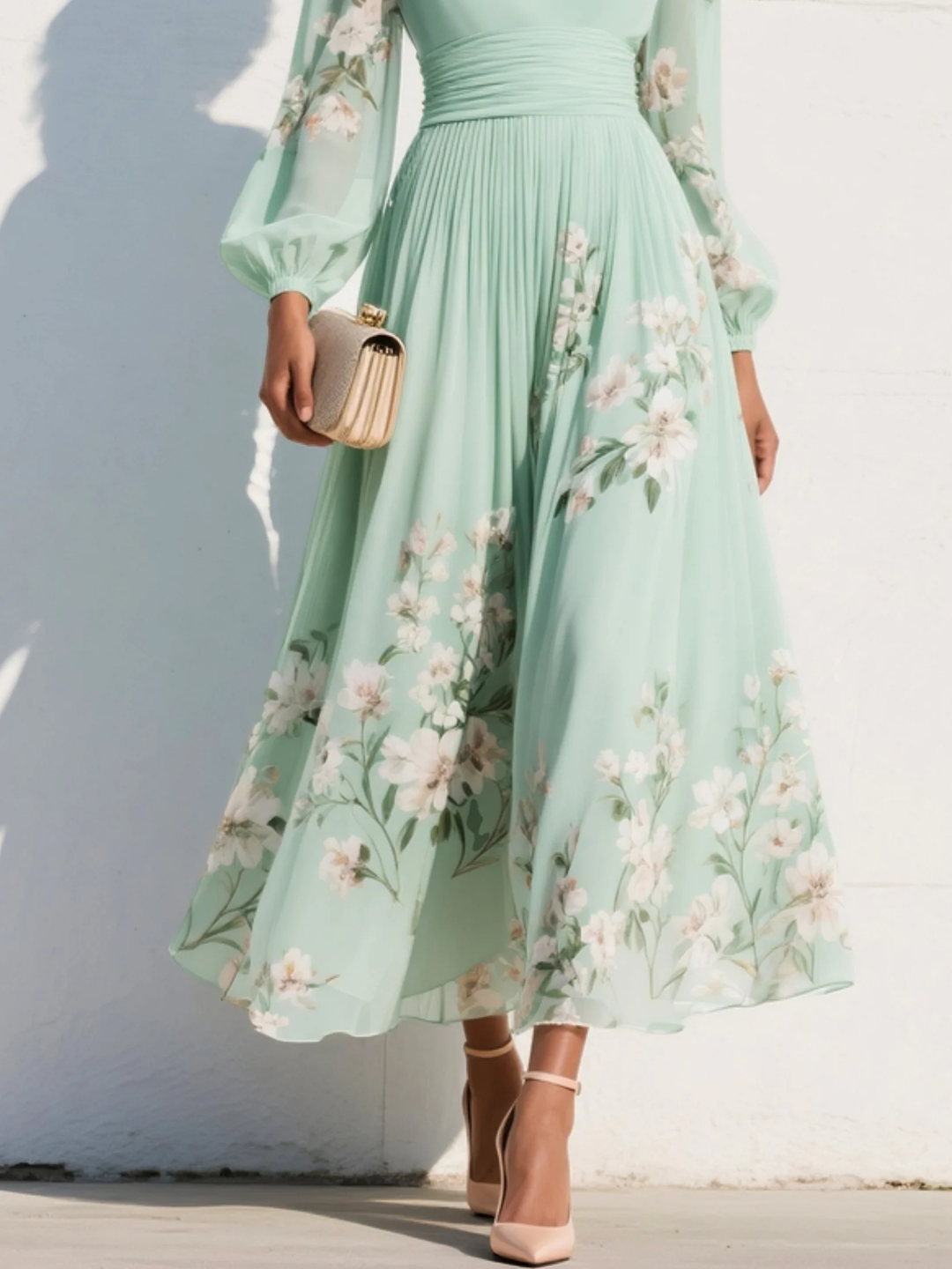 Mint green floral midi dress hem detail with gathered waist and sheer sleeves
