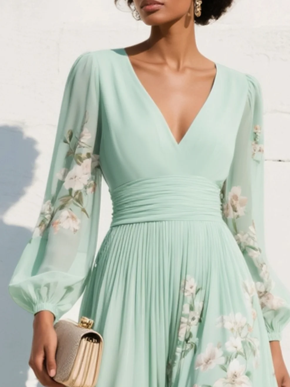 Close-up of mint green floral midi dress with V-neck and gathered waist