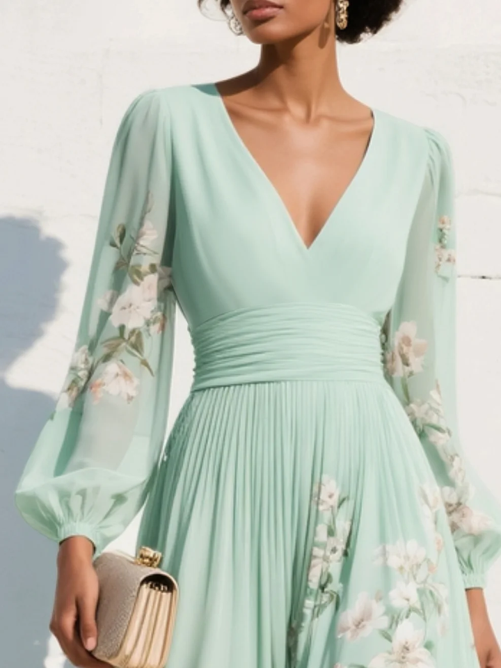 Close-up of mint green floral midi dress with V-neck and gathered waist
