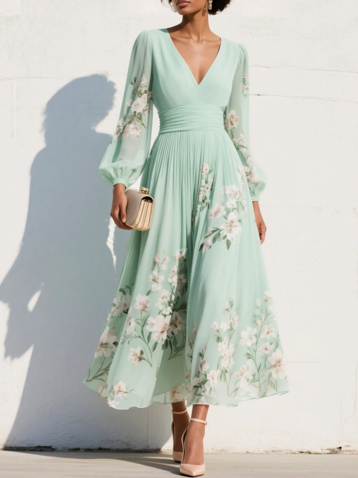Mint green floral midi dress with V-neck, gathered waist and sheer long sleeves