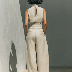 Beige sleeveless top with keyhole back and wide-leg pants set
