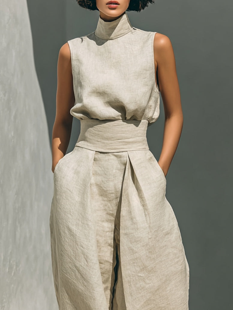 Beige sleeveless top and wide-leg pants set with draped waist detail