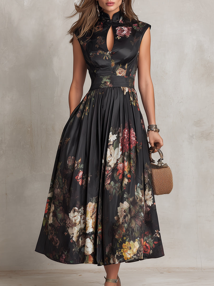 Sleeveless midi dress with floral print, high neck cutout, and pleated waistline