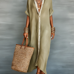 Olive maxi dress with collared neckline, short sleeves, and front button placket