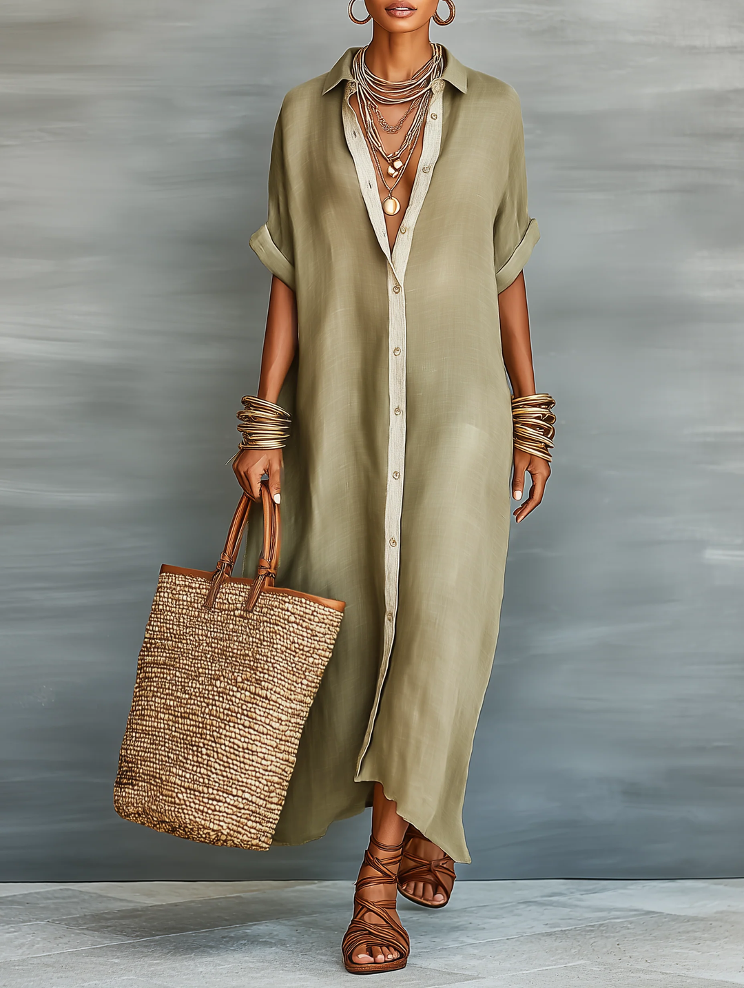 Olive maxi dress with collared neckline, short sleeves, and front button placket