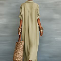 Olive maxi dress back view with yoke seam and short sleeves