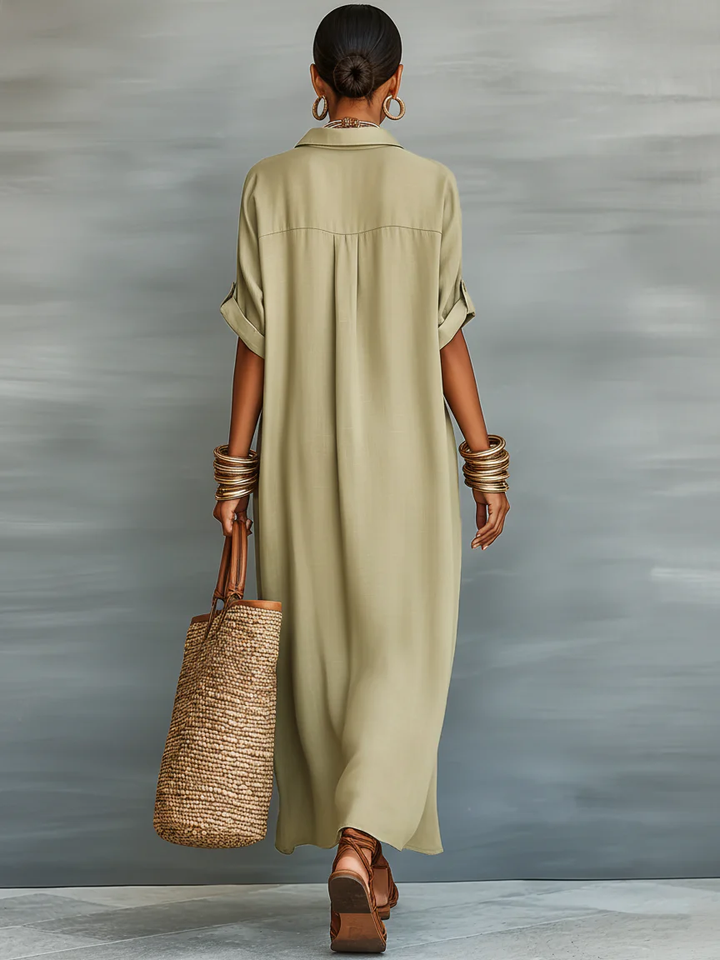 Olive maxi dress back view with yoke seam and short sleeves