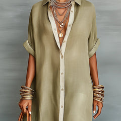Olive maxi dress with collared neckline, open front button placket, and short sleeves