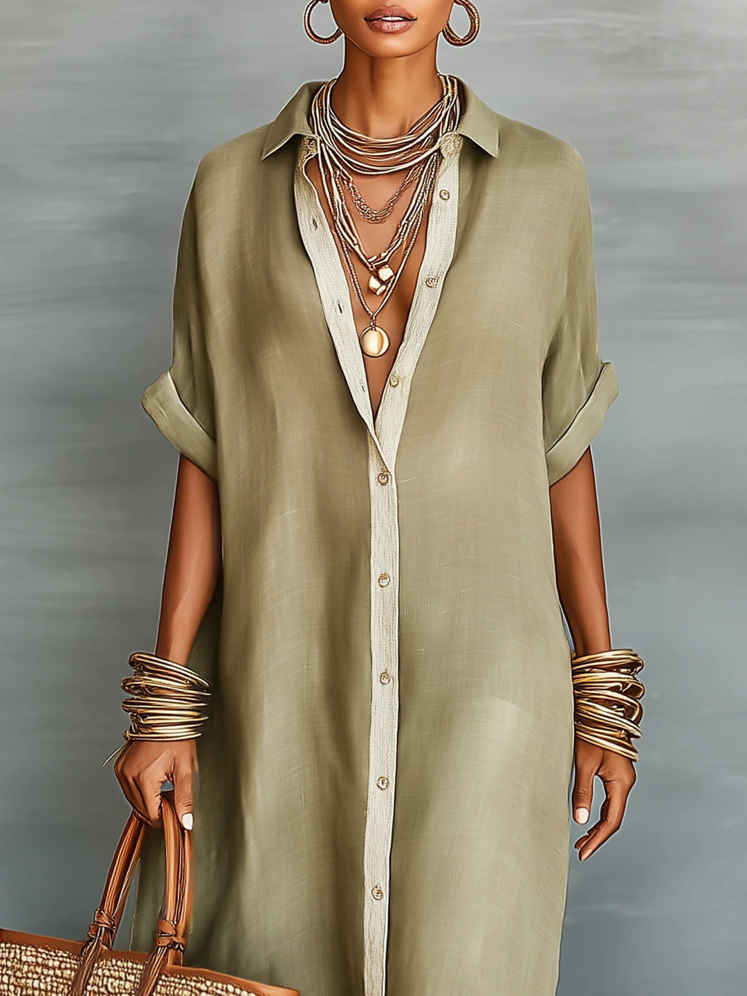 Olive maxi dress with collared neckline, open front button placket, and short sleeves
