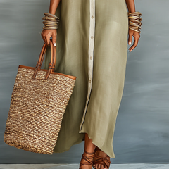 Olive maxi dress with front buttons, side slit, and short cuffed sleeves