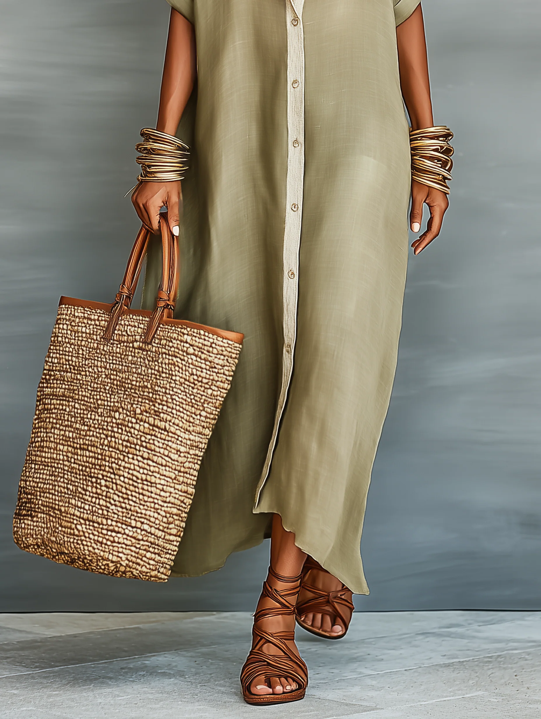 Olive maxi dress with front buttons, side slit, and short cuffed sleeves