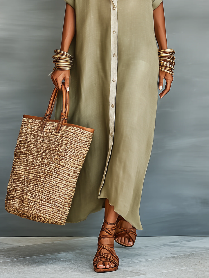 Olive maxi dress with front buttons, side slit, and short cuffed sleeves