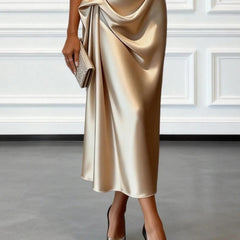 Champagne-gold satin midi dress with asymmetrical draping and pencil skirt silhouette