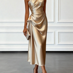 Champagne-gold satin one-shoulder midi dress with draped bodice and twisted waist