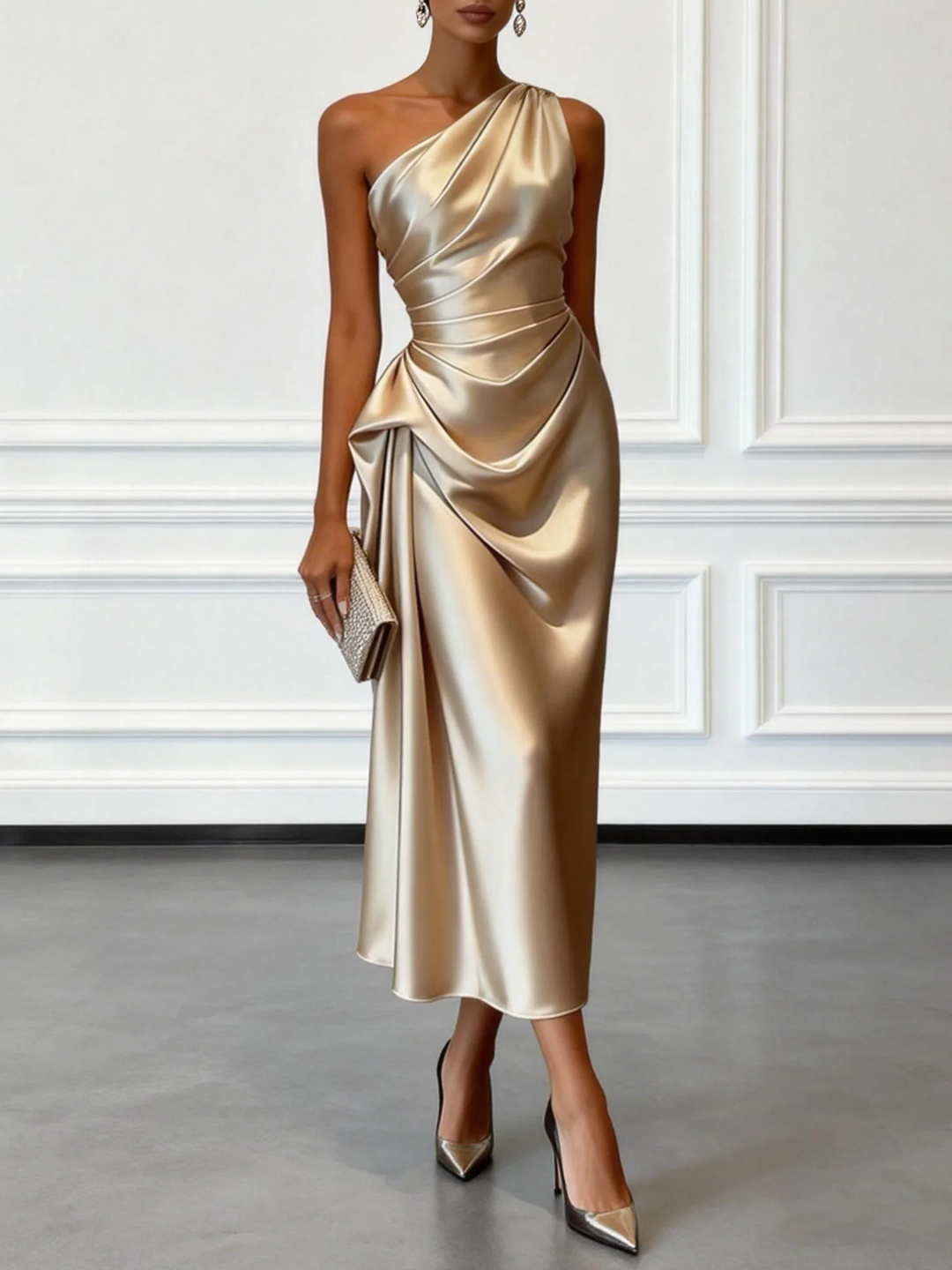 Champagne-gold satin one-shoulder midi dress with draped bodice and twisted waist