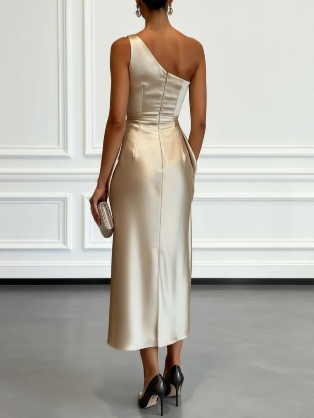 Champagne-gold satin one-shoulder midi dress with ruched back and fitted waist