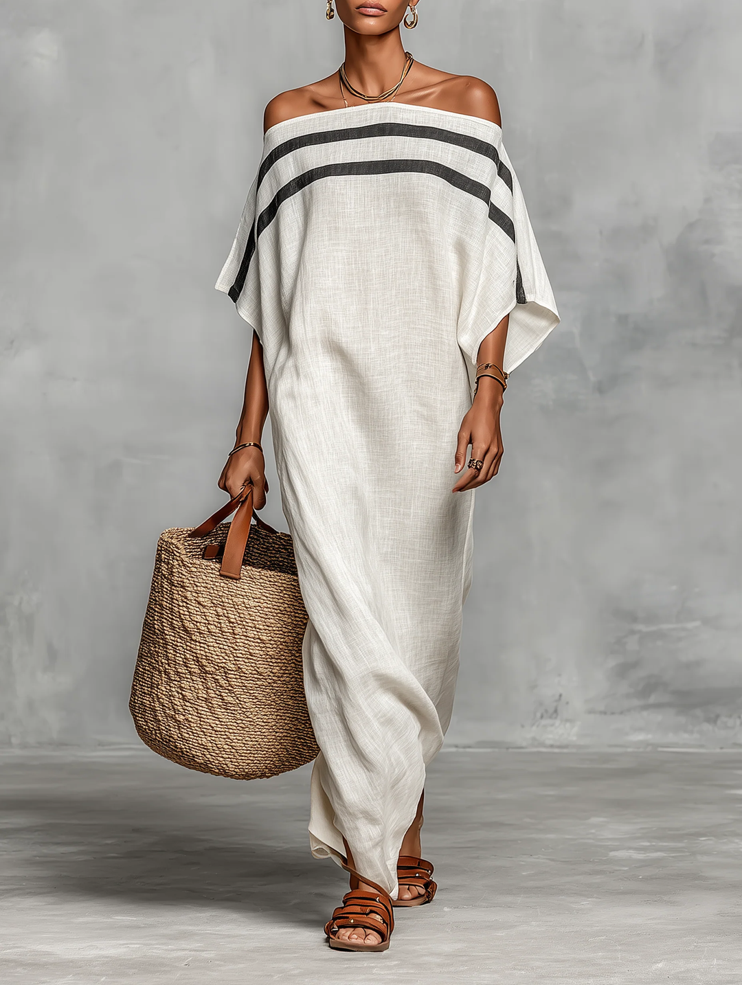 Off-shoulder maxi dress in white linen with black striped band and draped sleeves