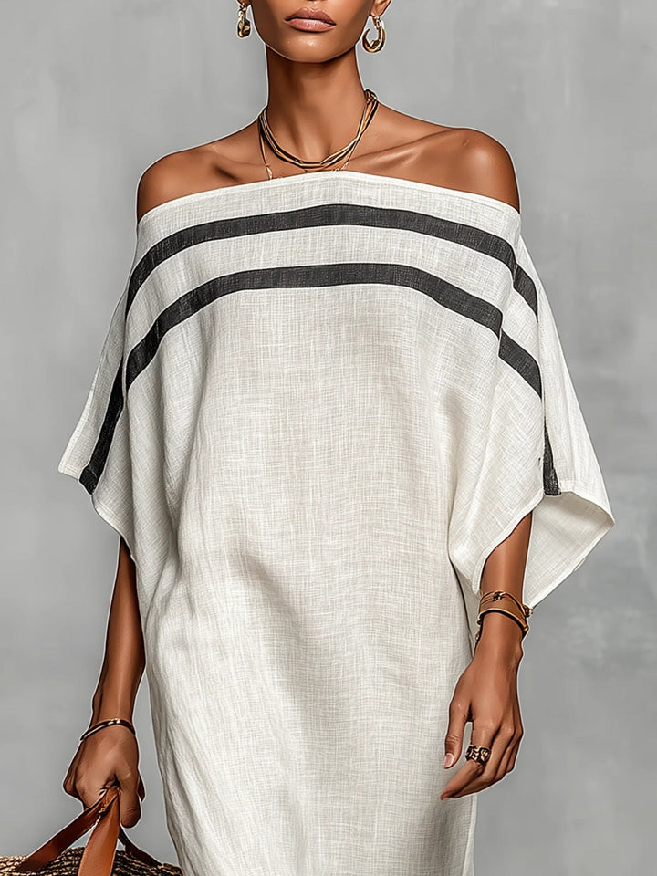 White linen off-shoulder maxi dress with wide black-and-gray striped band, loose fit