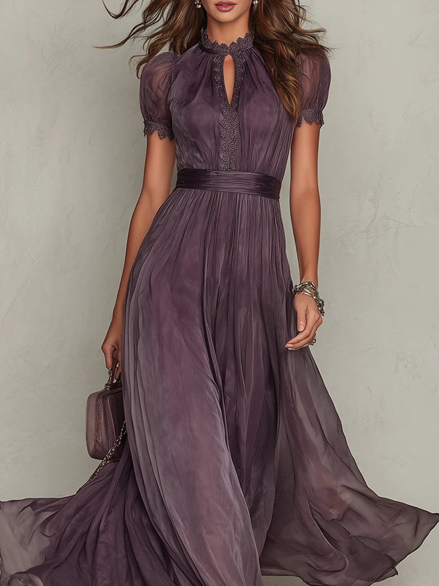 Primrose™ dark plum lace-detail maxi dress, keyhole neckline, puff sleeves, draped tulle skirt