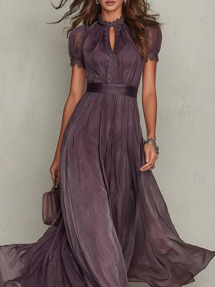 Primrose™ dark plum lace-detail maxi dress, keyhole neckline, puff sleeves, draped tulle skirt