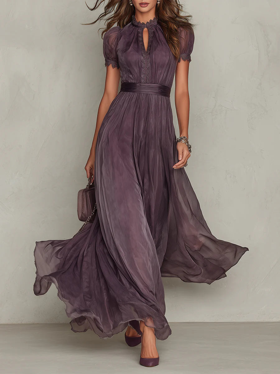 Primrose™ dark plum lace-detail maxi dress, keyhole neckline, puff sleeves, airy tulle hem