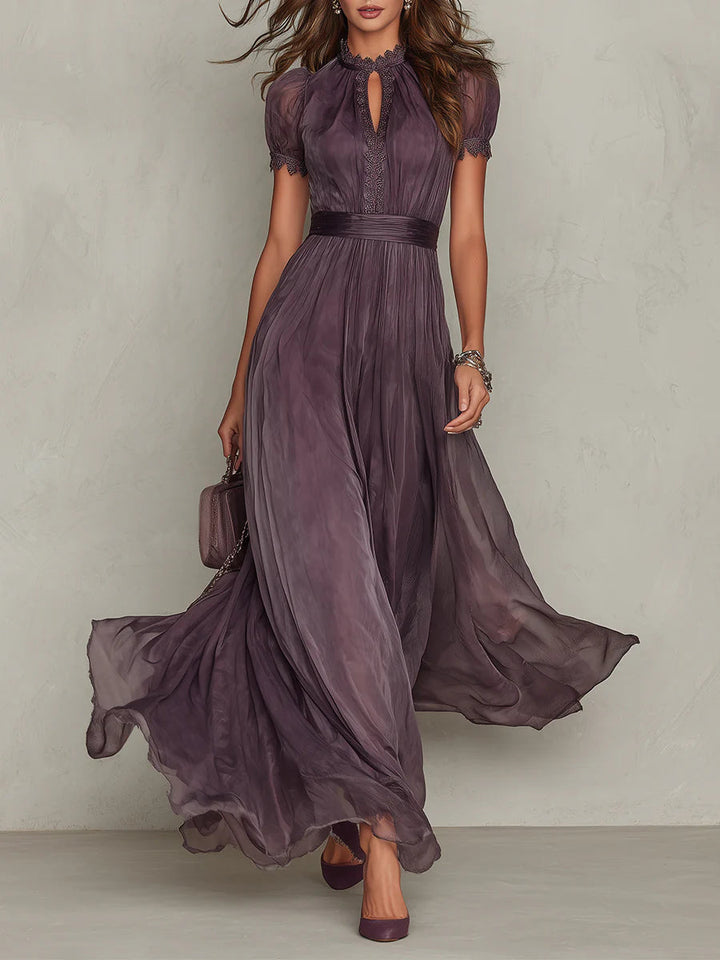 Primrose™ dark plum lace-detail maxi dress, keyhole neckline, puff sleeves, airy tulle hem