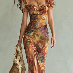 Orange bohemian chiffon maxi dress, ruched square neck, puff sleeves, long paint print