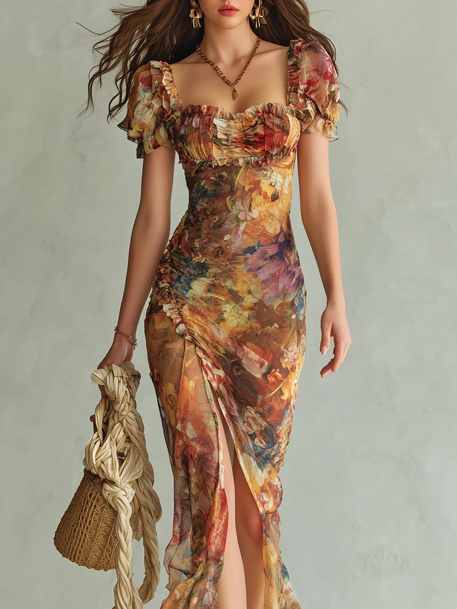Orange bohemian chiffon maxi dress, ruched square neck, puff sleeves, long paint print