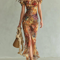 Orange bohemian chiffon maxi dress with square neckline, puff sleeves, ruched print