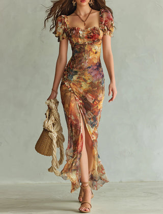 Orange bohemian chiffon maxi dress with square neckline, puff sleeves, ruched print