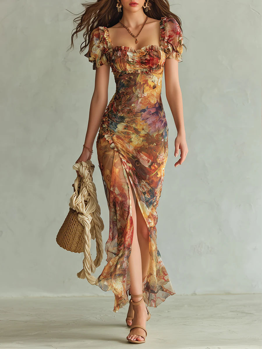 Orange bohemian chiffon maxi dress with square neckline, puff sleeves, ruched print