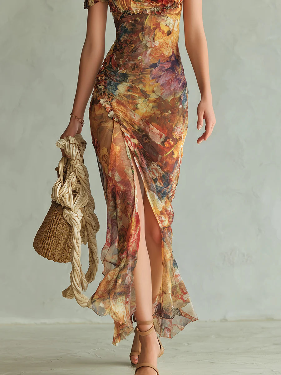 Orange chiffon maxi dress with side slit and flowing ruffle hem, paint-style print